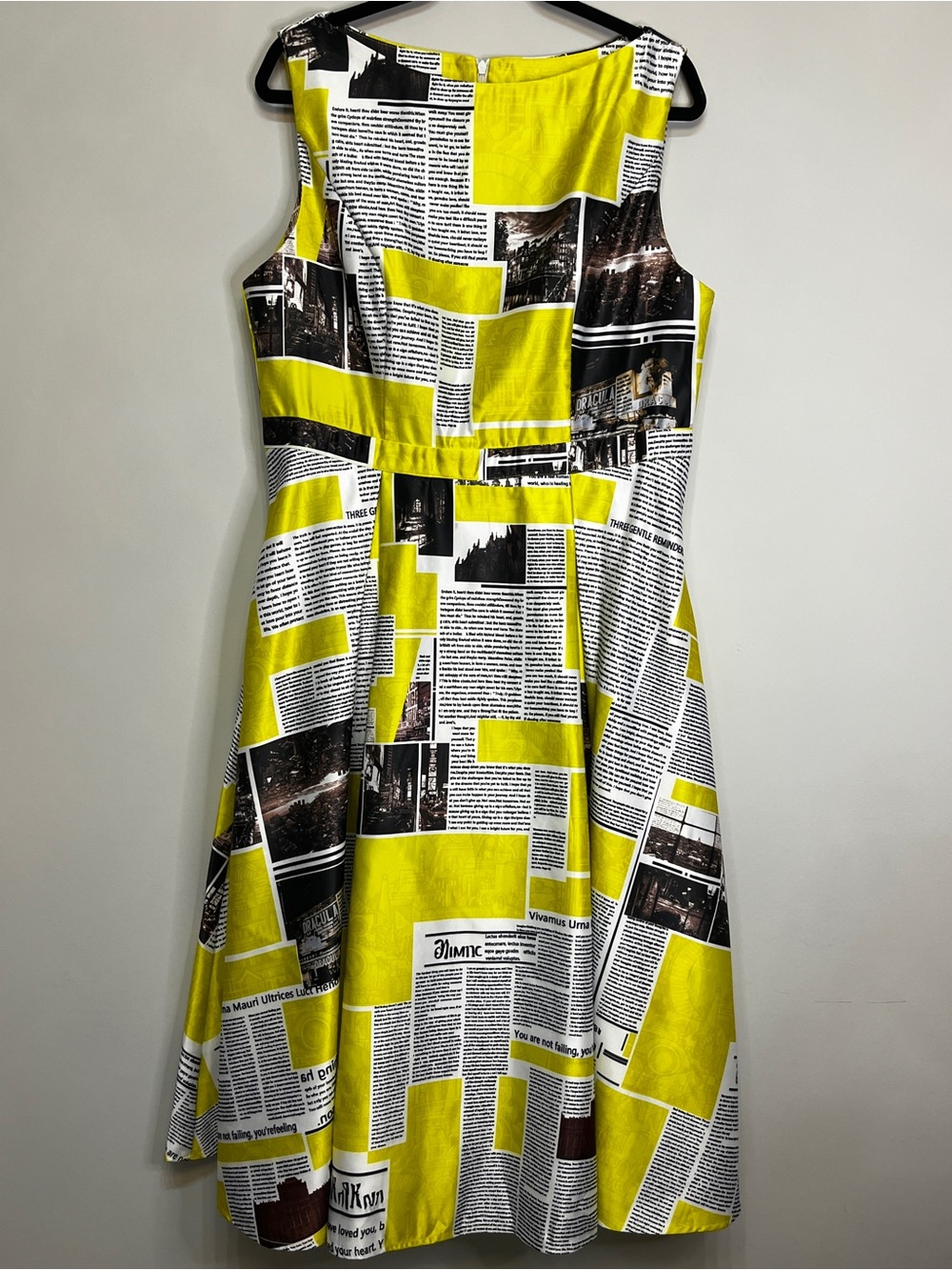 .Yellow Black White Newspaper Print Dress - Picture 3 of 11